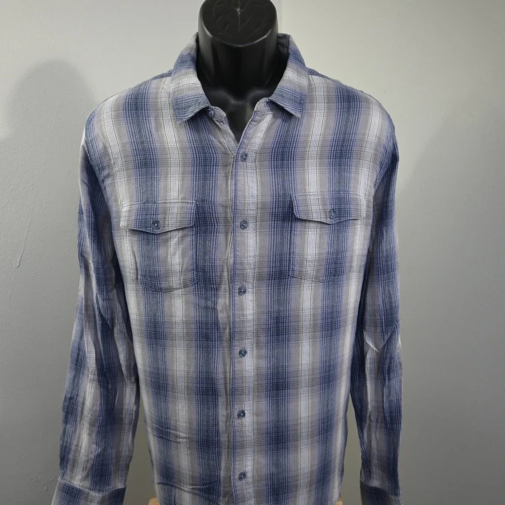 PAIGE Flannel Shirt Mens L Gray Blue Plaid Cotton Rayon Dual Pocket Button Up